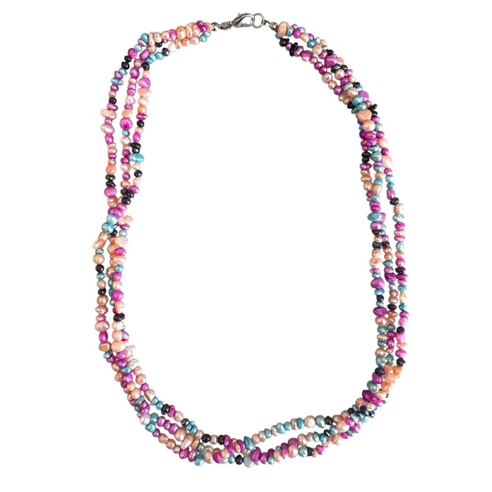 Natural Bright Fresh Water Pearl Three Strand Necklace #7097 - Picture 3 of 6
